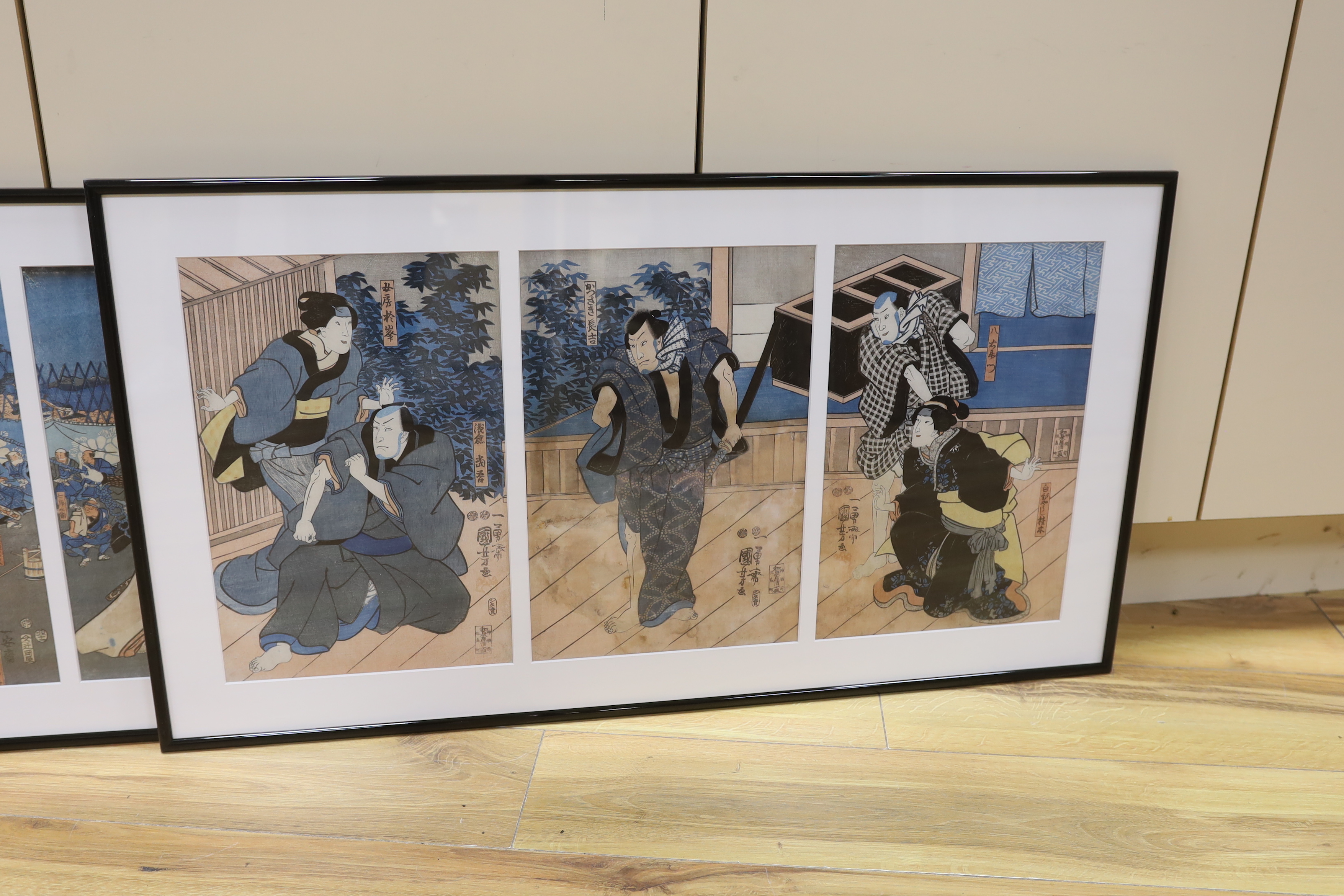 A set of three Japanese triptych woodblock prints, including after Kuniyochi (1798-1861), scene of Kabul, and after Kuni Sada (1786-1865), Shi Kino Uchi Sakura, largest overall 75cm x 35cm